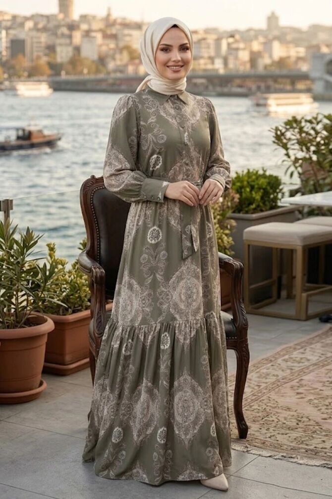 Floral Belted Jessica Khaki Modest Dress 15063HK - 1