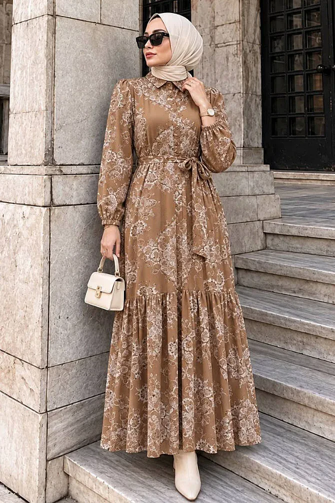 Floral Belted Jessica Olive Green Modest Dress 15063YY - 1