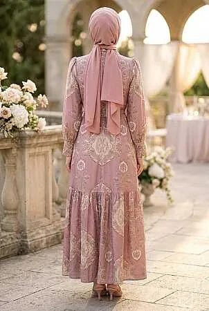 Floral Belted Jessica Powder Pink Modest Dress 15063PD - 2