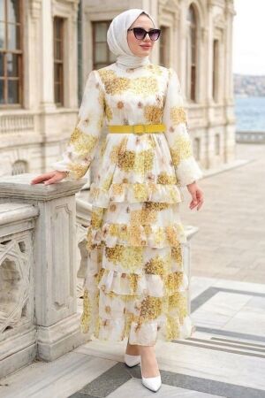 Floral Belted Mustard Modest Dress 42192HR - 1