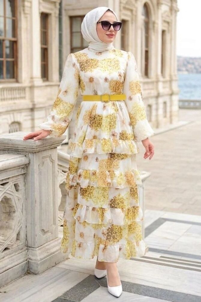 Floral Belted Mustard Modest Dress 42192HR - 1