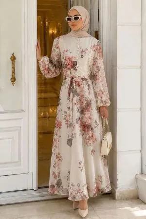 Floral Button-Detail Dusty Rose Modest Dress 5339GK - 1