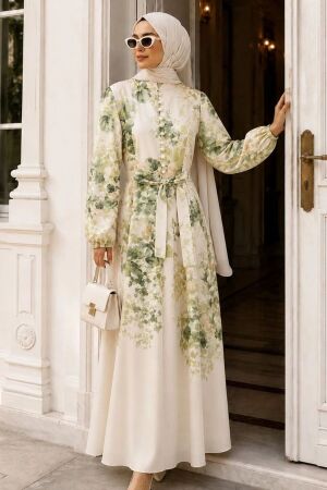 Floral Button-Detail Green Modest Dress 5339Y 