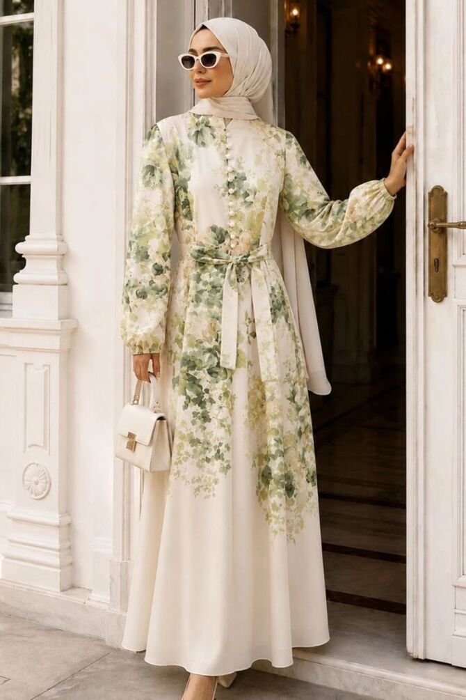 Floral Button-Detail Green Modest Dress 5339Y - 1