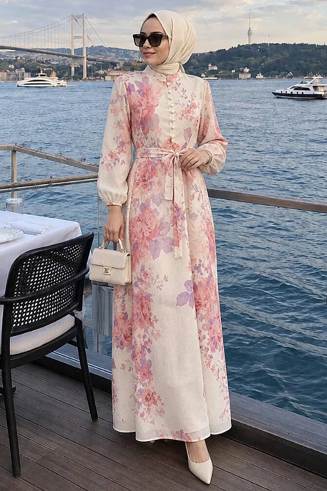 Floral Button-Detail Pink Modest Dress 5339P - 1