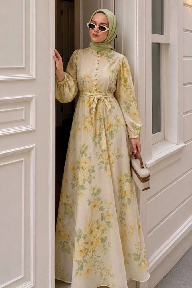 Floral Button-Detail Yellow Modest Dress 5339SR - 1