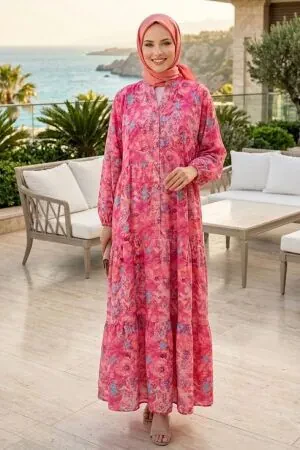 Floral Buttoned Fuchsia Modest Dress 53420F - 1