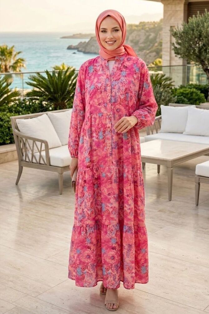 Floral Buttoned Fuchsia Modest Dress 53420F - 1