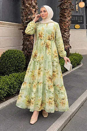 Floral Buttoned Green Modest Dress 5342Y 