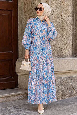 Floral Buttoned Indigo Blue Modest Dress 53420IM 