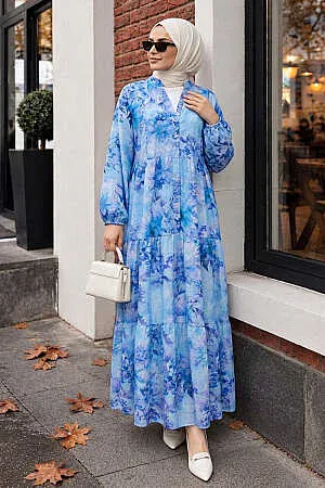 Floral Buttoned Indigo Blue Modest Dress 5342IM 