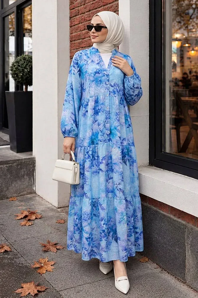 Floral Buttoned Indigo Blue Modest Dress 5342IM - 1