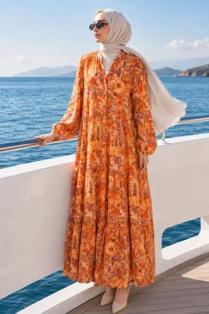Floral Buttoned Orange Modest Dress 53420T 