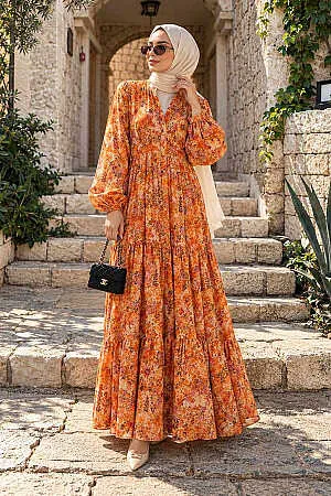 Floral Buttoned Orange Modest Dress 5342T 