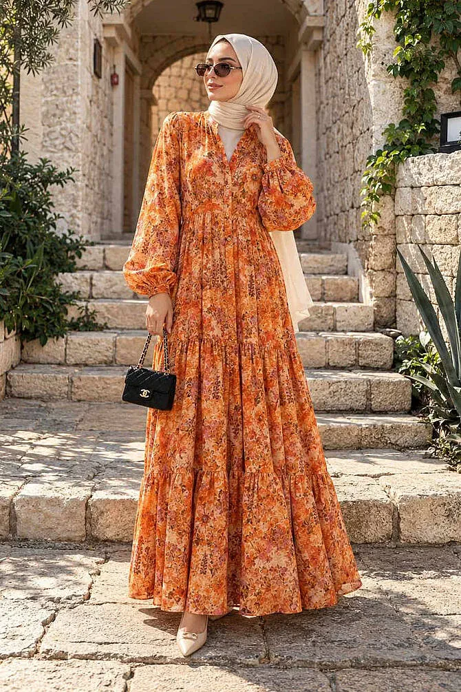 Floral Buttoned Orange Modest Dress 5342T - 1