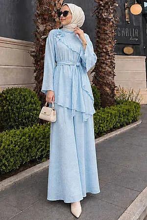 Floral Detail Asymmetric Blue Modest Set 26102M - 1