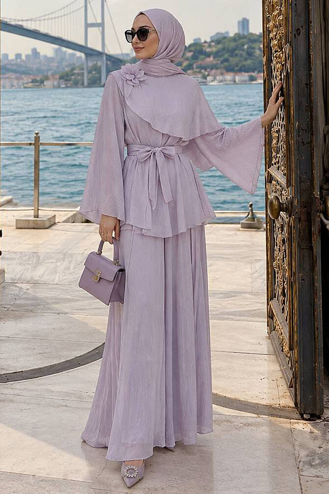 Floral Detail Asymmetric Lilac Modest Set 26102LILA - 1
