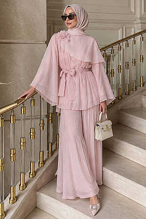 Floral Detail Asymmetric Pink Modest Set 26102P 