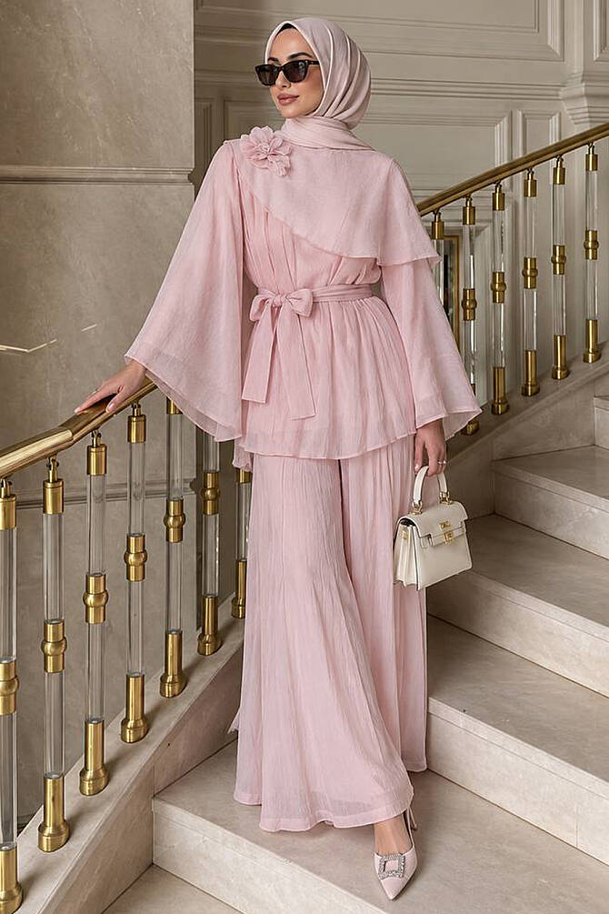 Floral Detail Asymmetric Pink Modest Set 26102P - 1