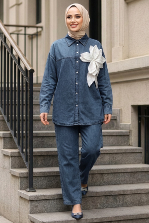 Floral Detailed Koyu Blue Modest Denim Two-Piece Set 19155KM - 1