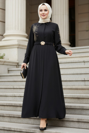 Floral Embroidered Belted Anthracite Modest Dress 60103ANT 