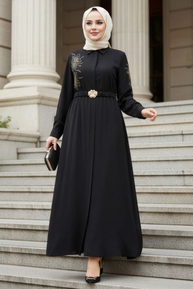 Floral Embroidered Belted Anthracite Modest Dress 60103ANT - 1