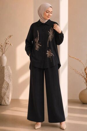 floral embroidered Zara Satin Black Modest Two-Piece Set 15695S 
