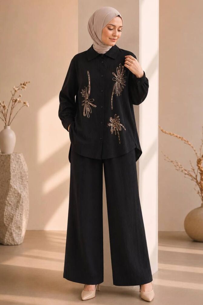 floral embroidered Zara Satin Black Modest Two-Piece Set 15695S - 1