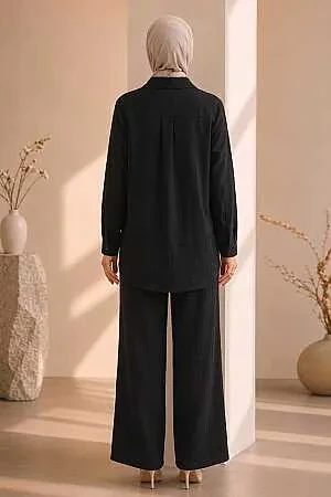 floral embroidered Zara Satin Black Modest Two-Piece Set 15695S - 2