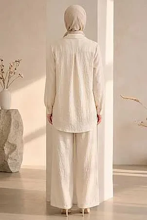 floral embroidered Zara Satin Ecru Modest Two-Piece Set 15695E - 2