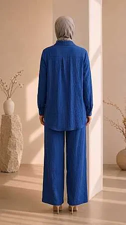floral embroidered Zara Satin Indigo Blue Modest Two-Piece Set 15695IM - 2