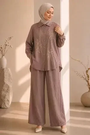 floral embroidered Zara Satin Mink Modest Two-Piece Set 15695V 