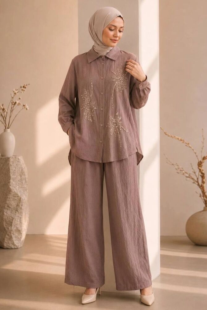 floral embroidered Zara Satin Mink Modest Two-Piece Set 15695V - 1