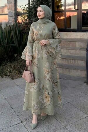 Floral Flounce Sleeve Light Khaki Modest Dress 2503AHK 