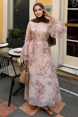 Floral Flounce Sleeve Mink Modest Dress 2503V - 1