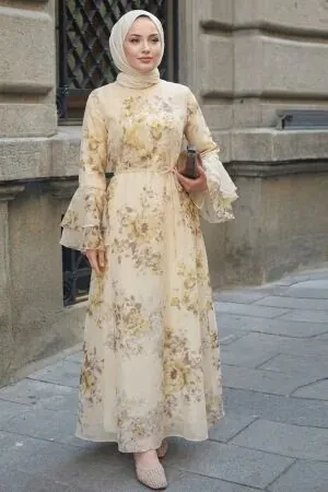 Floral Flounce Sleeve Yellow Modest Dress 2503SR 