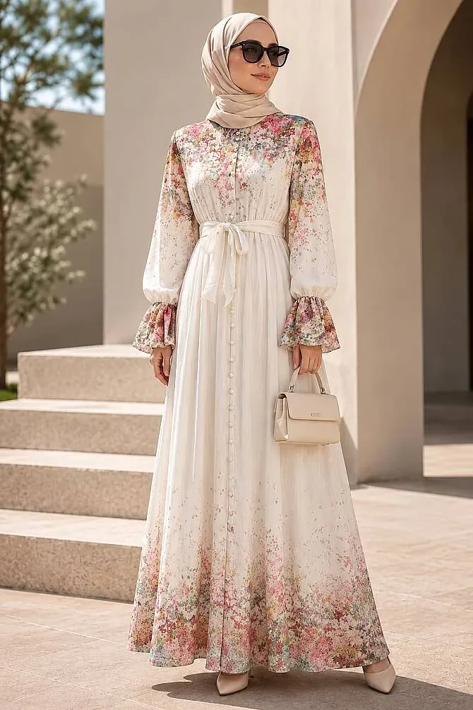 Floral Gathered Waist White Modest Dress 26200B - 1