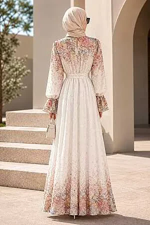 Floral Gathered Waist White Modest Dress 26200B - 2