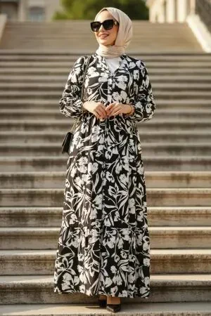 Floral Patterned Black Modest Dress 30131S - 1