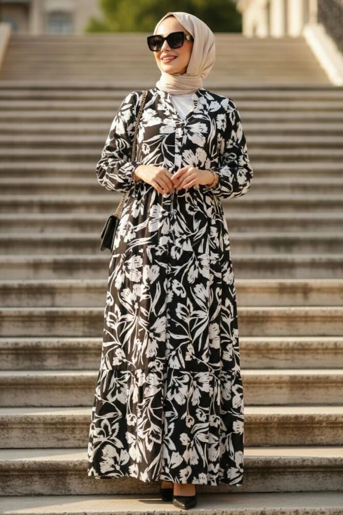 Floral Patterned Black Modest Dress 30131S - 1