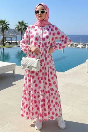 Floral Patterned Fuchsia Modest Dress 20625F - 1