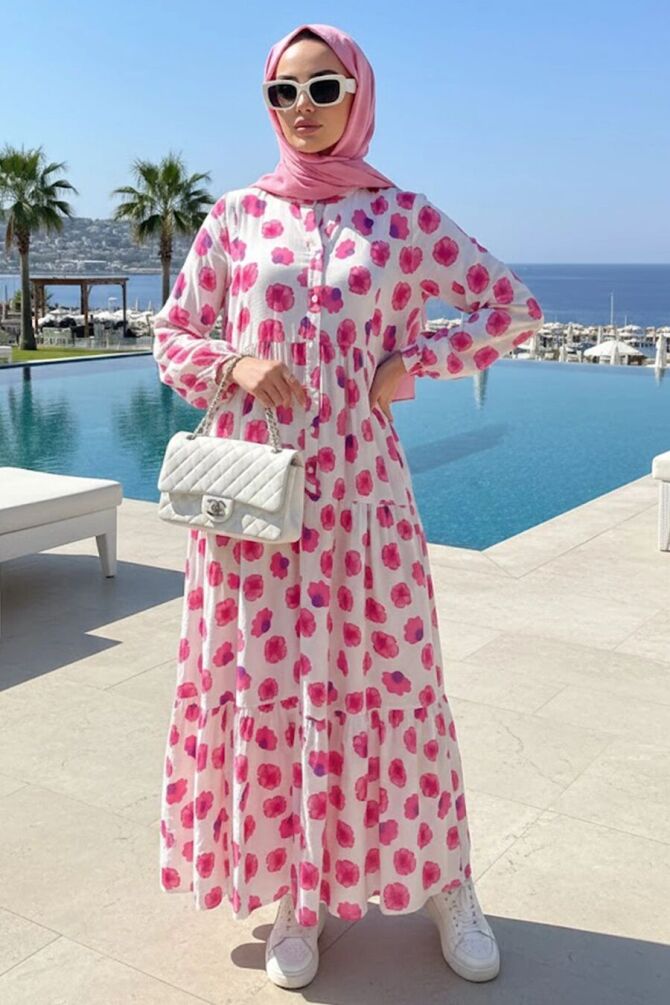 Floral Patterned Fuchsia Modest Dress 20625F - 1