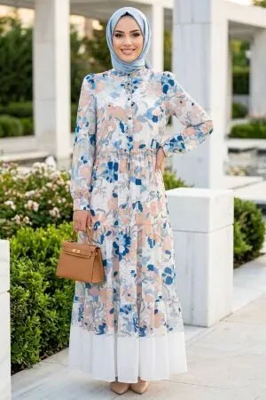 Floral Patterned Indigo Blue Silk Satin Modest Dress 95716IM - 1