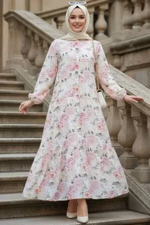 Floral Patterned Pink Modest Dress 63401P 