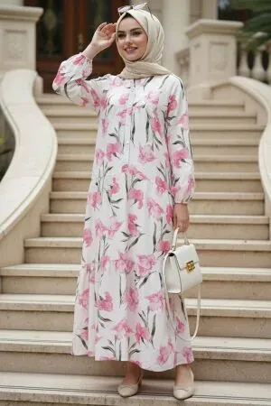 Floral Patterned Pink Modest Dress 63402P 