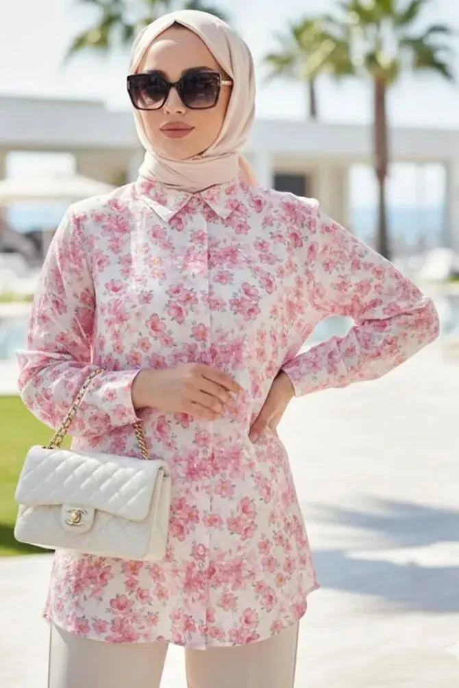 Floral Patterned Pink Modest Tunic 26608P - 1