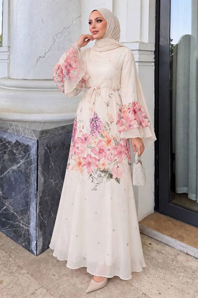 Floral-Print Red Tulle Modal Modest Dress 25031K - 1