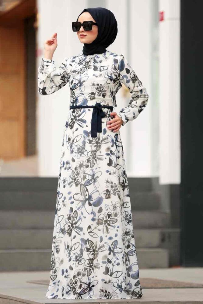 Flower Patterned Hijab Dress 815223DSN - 1