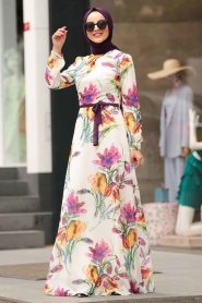 Flower Patterned Hijab Dress 815229DSN - Thumbnail