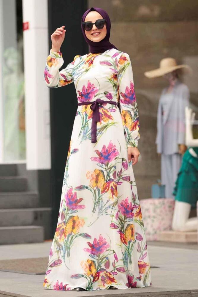 Flower Patterned Hijab Dress 815229DSN - 1